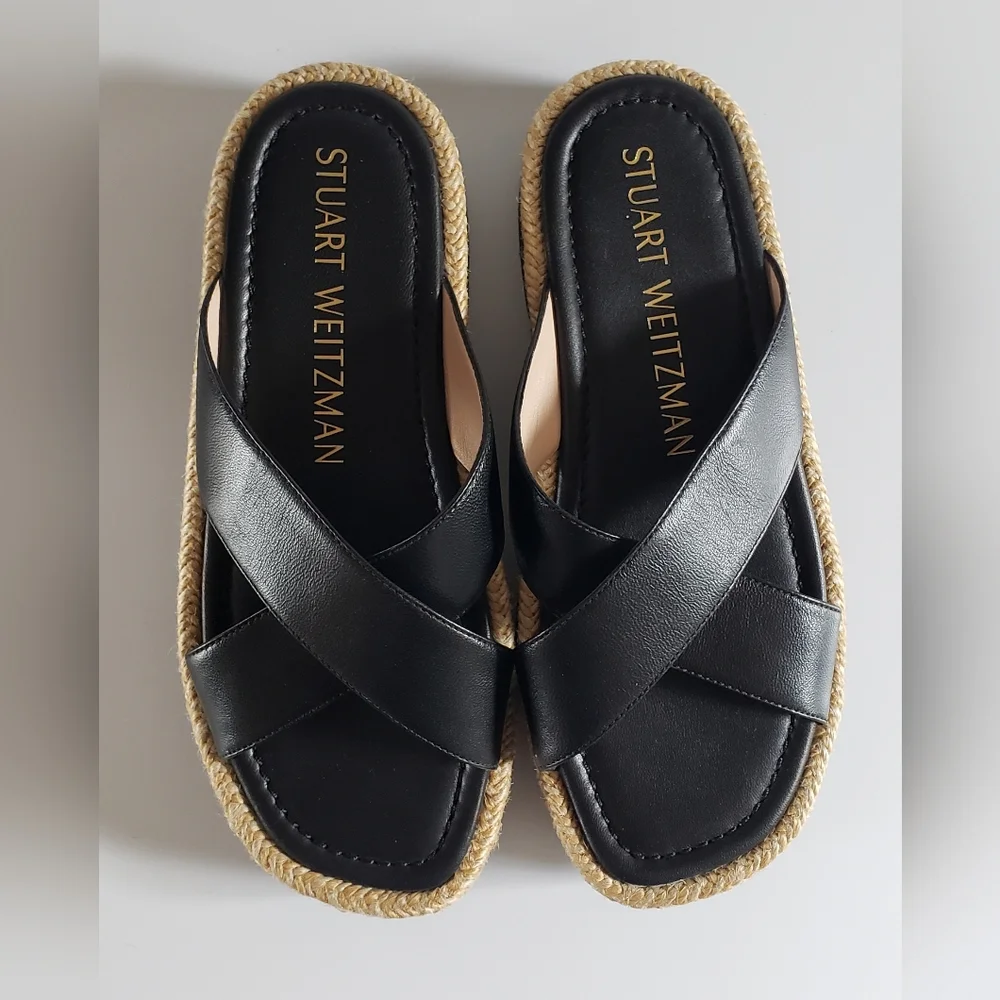 Stuart Weitzman Roza Lift Slide Black Leather Size 7 B